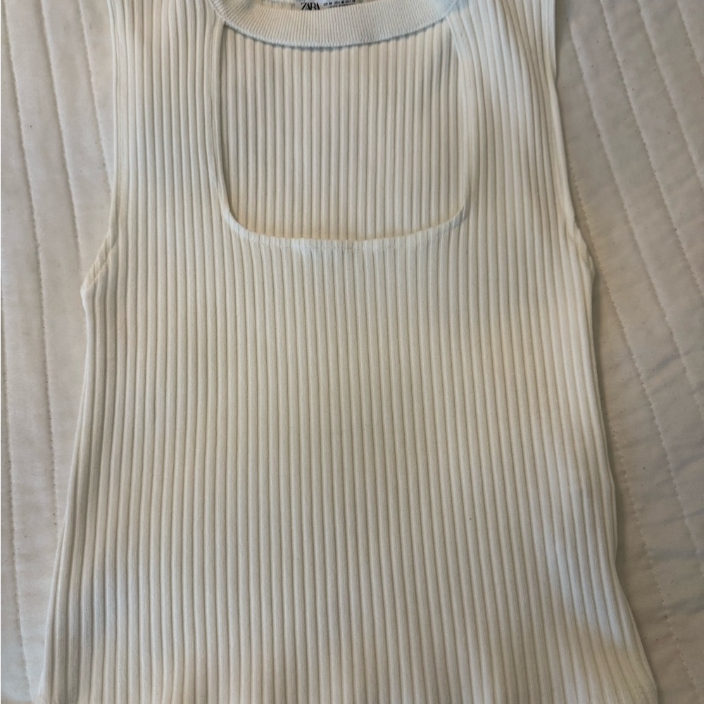 ZARA Cream Ribbed Square-Neck Tank Top